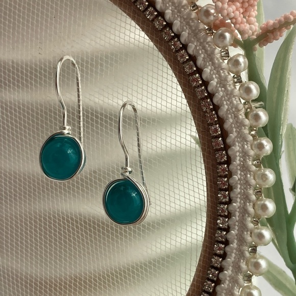 TEAL and Silver Wire Wrapped Minimalist Earrings - Picture 5 of 16